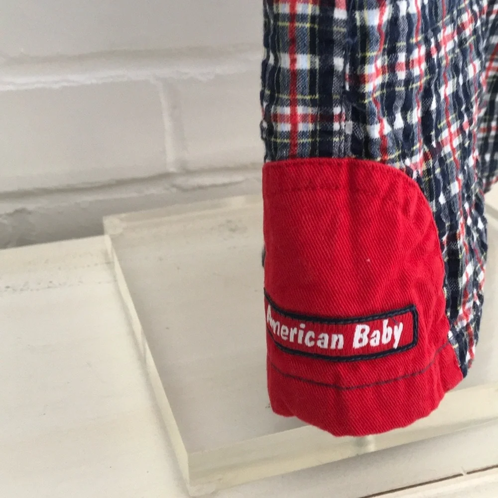 American Baby Classic Red/Blue Plaid Overalls Baseball Theme Size 6-9 Months